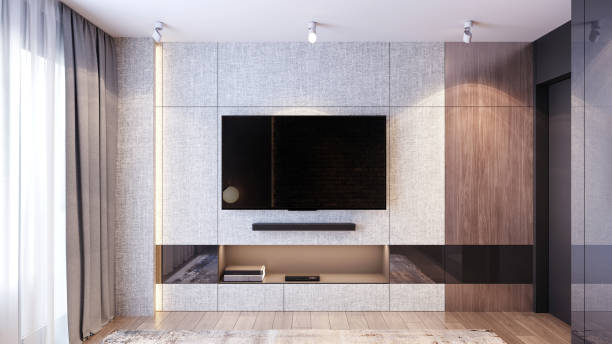 istock Apartment wall with large television screen 1440915590