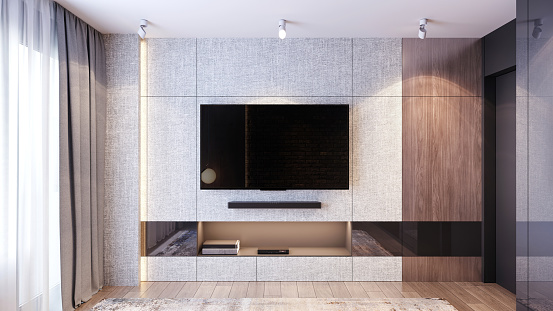 Television set  on the wall with sound bar below. Copy space render