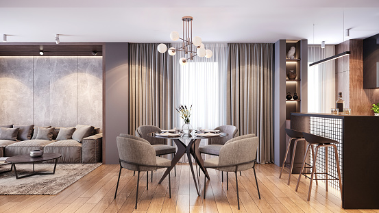 Furnished dining room interior with open kitchen and bar, round table with armchairs and lounge area in modern apartment. Render
