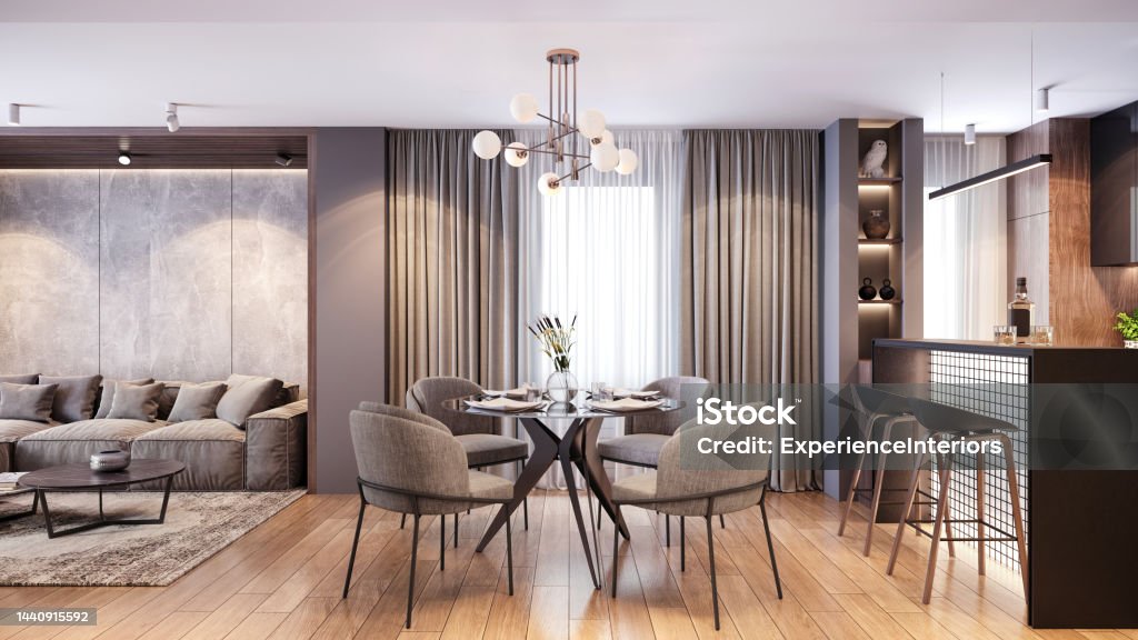 Dining room and kitchen bar in modern apartment interior Furnished dining room interior with open kitchen and bar, round table with armchairs and lounge area in modern apartment. Render Curtain Stock Photo