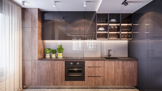 Modern kitchen with wooden and glass cabinets, kitchen appliances, dishes, greens and large window. Daylight render