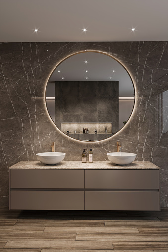 Modern minimalist bathroom interior with marble wall, big mirror, sinks, parquet. Render.