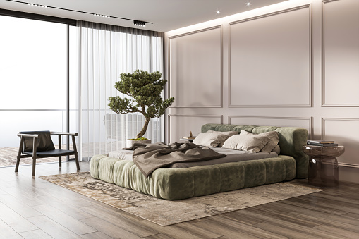 Modern bedroom hotel room interior with king size bed, large panoramic windows and banzai tree. Balcony in the background. Moulding wall and parquet floor.  Render