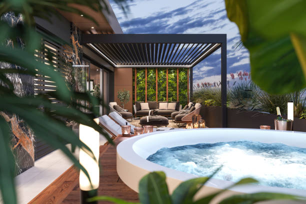 Luxury apartment terrace with hot tub hot tub Luxury apartment terrace with hot tub hot tub. Wooden platform, plants, candles and LED light. Template for copy space. Render. tree 3d perspective stock pictures, royalty-free photos & images
