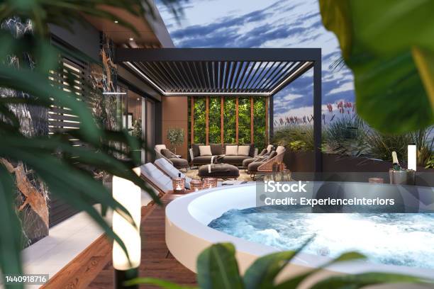 Luxury Apartment Terrace With Hot Tub Hot Tub Stock Photo - Download Image Now - Point of View, Swimming Pool, Tourist Resort