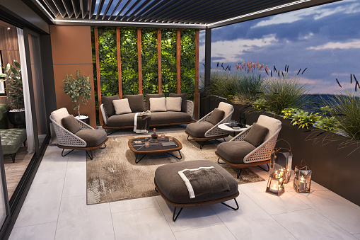 Luxury apartment terrace with patio. Couch, armchairs, coffee table, candles, carpet, plants and sky. Template for copy space. Render.