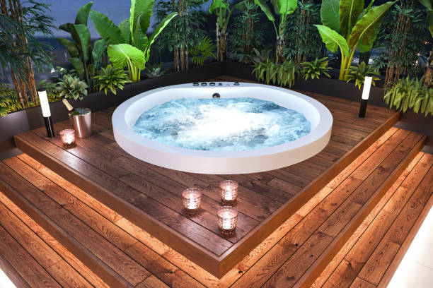 Luxury apartment terrace with hot tub hot tub Luxury apartment terrace with hot tub hot tub. Wooden platform, plants, candles and LED light. Template for copy space. Render. garden lights candle stock pictures, royalty-free photos & images