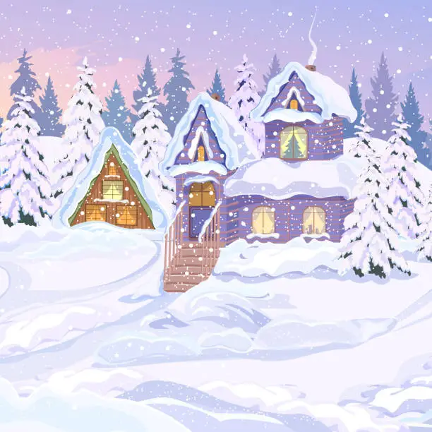 Vector illustration of A house in a snow-covered forest