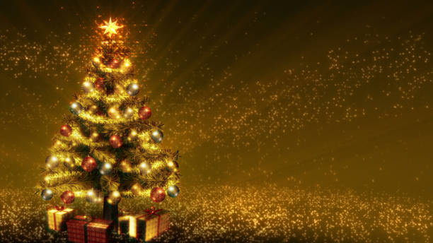 istock Christmas tree 3D illustration with copy space on right side. Gold background. 1440919073