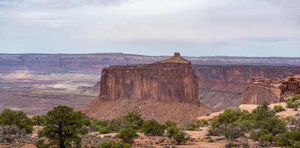 Aerial view overlooking sandstone buttes, plain desert and mountain ranges in Canyonlands National Park, Utah, USA.