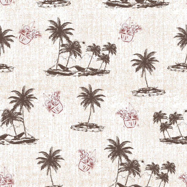 illustrazioni stock, clip art, cartoni animati e icone di tendenza di vintage estate tropicale hawaii isola di aloha, vibrazioni della spiaggia modello senza soluzione di continuità illustrazione vettoriale - camicia hawaiana