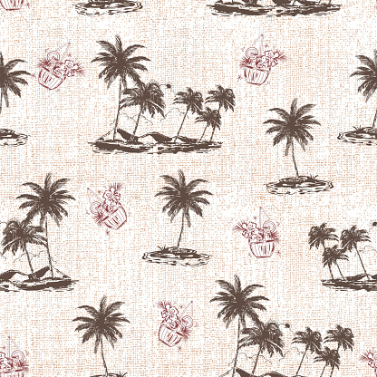 Vintage Summer tropical Hawaii Aloha island , Beach Vibes Seamless pattern Vector Illustration ,Design for fashion , fabric, textile, wallpaper, wrapping and all prints