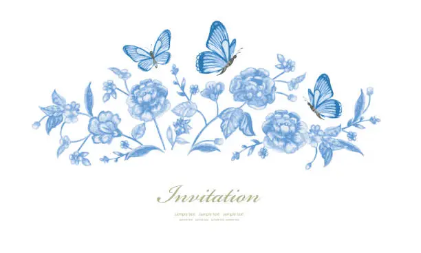 Vector illustration of watercolor flowers. floral border with butterflies. vector illustration