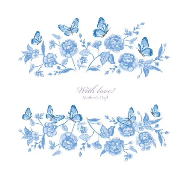 Vector illustration of watercolor flowers. floral frame banner with butterflies. vector illustration