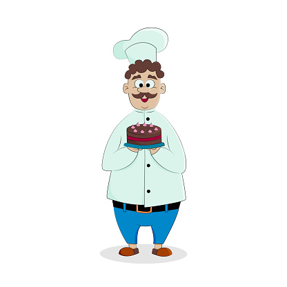 Cheerful chef carrying cake in tunic and cap. Isolated vector illustration in cartoon style.