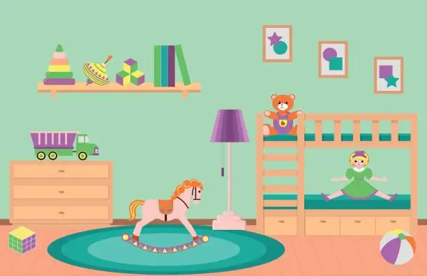 Vector illustration of Kid's room whith toys. Children's green bedroom.