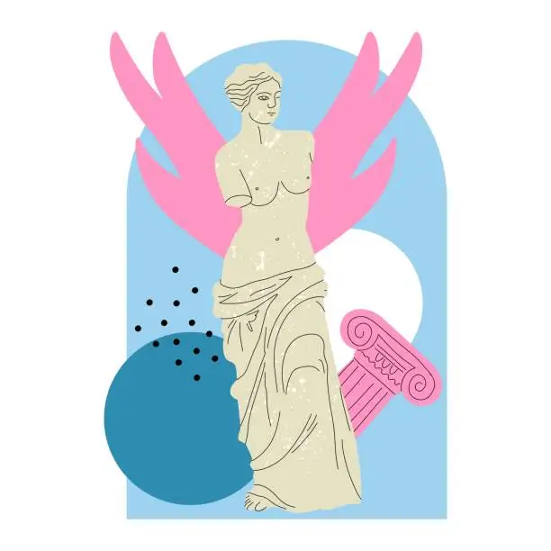 Vector illustration of Antique marble statue. Abstract contemporary poster or print. Greek or roman sculpture, Aphrodite with geometric and botanical elements, vector cartoon flat style isolated illustration