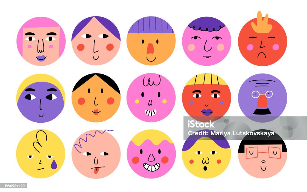 Ilustración de Caras Redondas Abstractas Divertidos Personajes De Dibujos  Animados Con Diferentes Emociones Avatares De Moda Felices Estilo Garabato  Retrato De Personas Con Sonrisa Ilustración Geométrica Contemporánea  Conjunto Aislado Vectorial Dibujado A