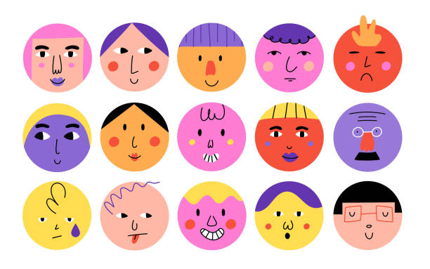 Abstract round faces. Funny cartoon characters with different emotions, doodle style happy trendy avatars, smile people portrait, contemporary geometric illustration, hand drawn vector isolated set Abstract round faces. Funny cartoon characters with different emotions, doodle style happy trendy avatars, smile people portrait, contemporary geometric illustration. Hand drawn vector isolated set round head stock illustrations