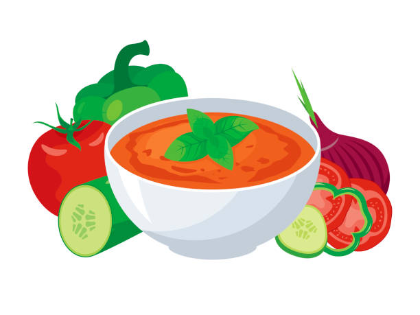 bildbanksillustrationer, clip art samt tecknat material och ikoner med gazpacho cold vegetable soup in bowl icon vector - tomatsoppa