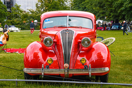 Baden-Baden, Germany - 14 July 2019: red Terraplane coupe 1932 1938 is parked in Kurpark in Baden-Baden at the exhibition of old cars \