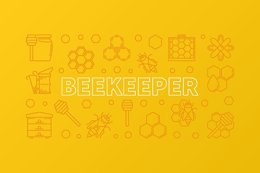 Beekeeper vector creative horizontal illustration or banner in thin line style on yellow background