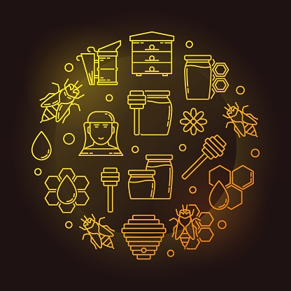 Beekeeping vector outline yellow illustration. Honey and beekeeping round concept symbol in outline style on dark background
