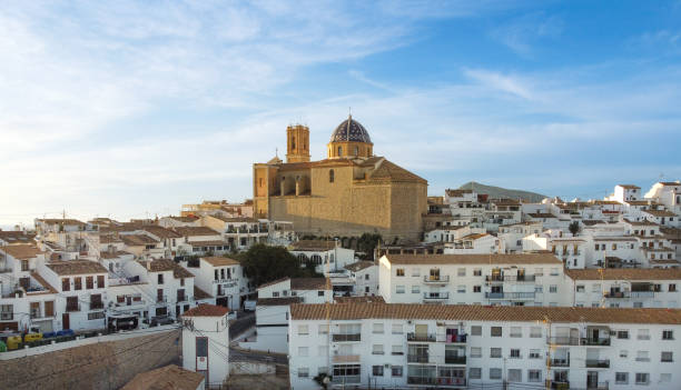 Aerial image of the town of Altea in Alicante (Spain) with its typical white houses with its church in the center of the image famous for its dome stock photo