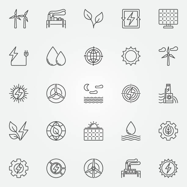 ilustrações de stock, clip art, desenhos animados e ícones de renewable energy icons set - drop solar panel symbol leaf