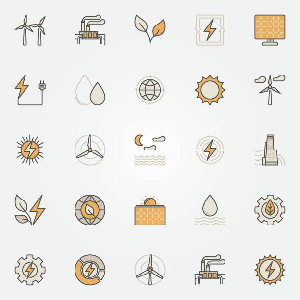 ilustrações, clipart, desenhos animados e ícones de ícones coloridos de energia renovável - drop solar panel symbol leaf