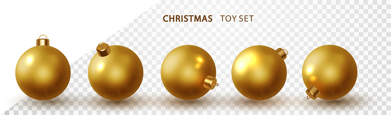 Gold Christmas ball realistic Isolated in different projections. Holiday toy decoration 3d element. Rendering vector illustration