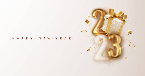ilustrações de stock, clip art, desenhos animados e ícones de 2023 gold numbers with christmas gift box. new year banner with decoration. for christmas and winter holiday party flyers. - confetti new years day new year christmas