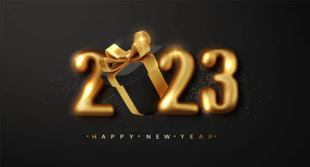 Vector illustration of 2023 Happy New Year. Realistic Gold metal number with black gift box. Merry Christmas Greeting card. Vector 3d rendering