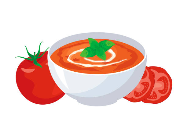 ilustraciones, imágenes clip art, dibujos animados e iconos de stock de sopa de tomate con crema y hoja de albahaca icono vector - sopa de tomate