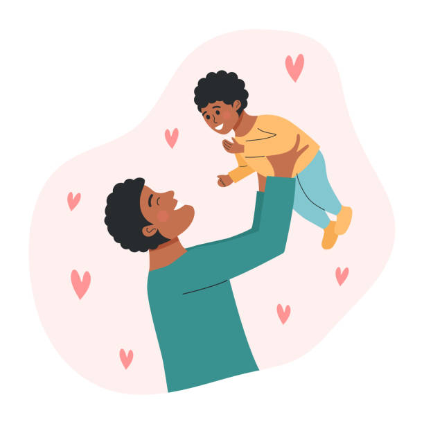 ilustrações de stock, clip art, desenhos animados e ícones de afro american man holding baby boy. happy father playing with his son. fatherhood, fathers day, baby care, parenting, happy family or single father concept. - love fathers fathers day baby