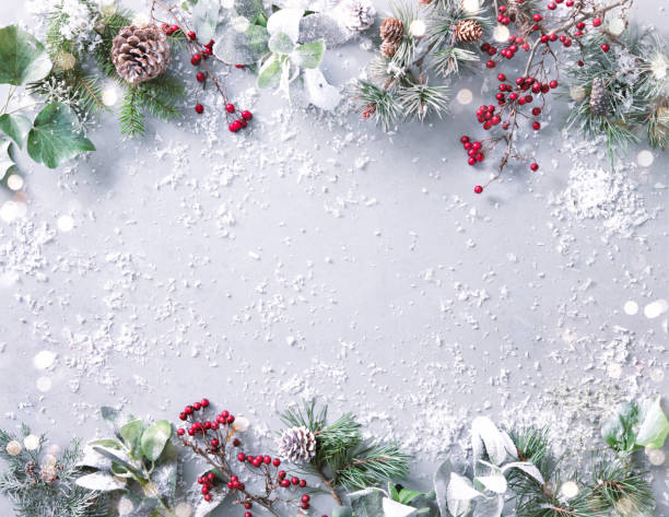 istock Flat lay composition with winter fir branches, pine cones, evergreen plants and berries on snowy background 1440938790