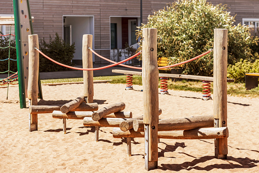 Playground for Children with Modern Wooden Climb Frame. Equipment for Climbing or Playing.
