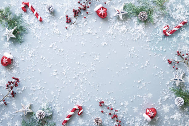 Winter fir branches, berries and decorations on snowy background Winter fir branches, berries and decorations on snowy background. Christmas and New year concept. Top view winter food top view stock pictures, royalty-free photos & images
