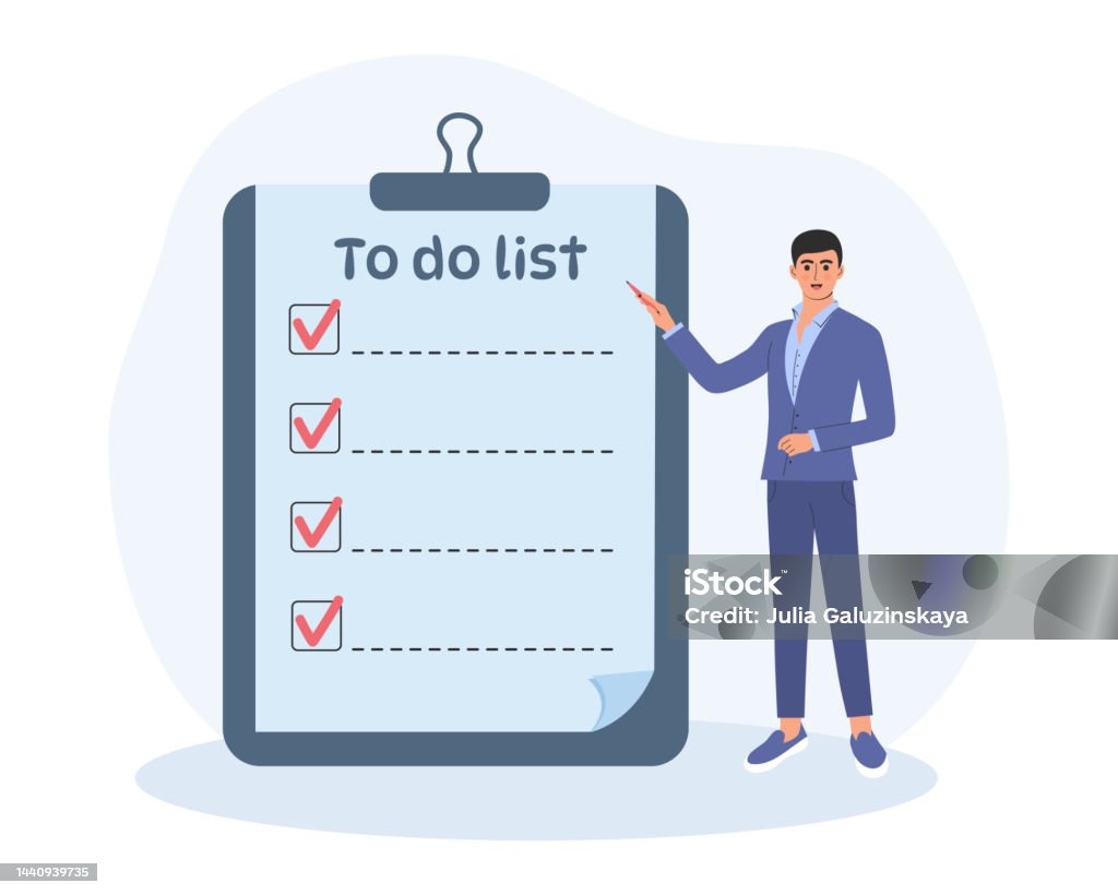 Man Is Standing Near A Large Clipboard With Checklist To Do List