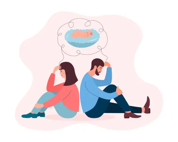 Vector illustration of Infertile couple dreams about baby. Man and woman sitting back to back and suffer from reproductive problems. Fertility problem, pregnancy problems, IVF, infertility, gynecological disease, family concept.