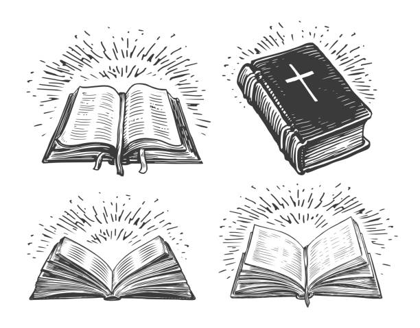 buch heilige bibelskizze. religiöses symbol des glaubens an gott. kirche, gottesdienstkonzept. vintage-vektor-illustration - bible stock-grafiken, -clipart, -cartoons und -symbole