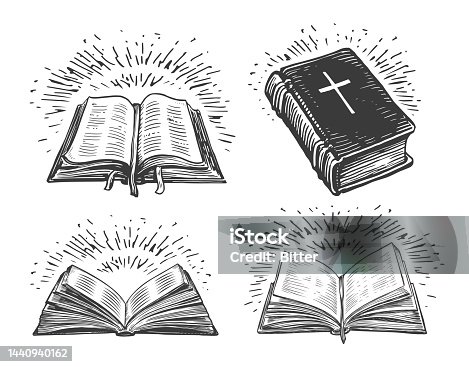 istock Book Holy Bible sketch. Religious symbol of faith in God. Church, worship concept. Vintage vector illustration 1440940162