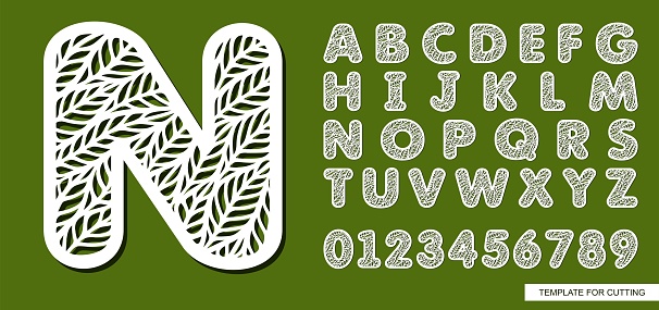 Eco font for spring, summer, autumn. Theme of plants, nature. White symbol on green background. Template for printing, plotter laser cutting of paper, cnc. Vector illustration