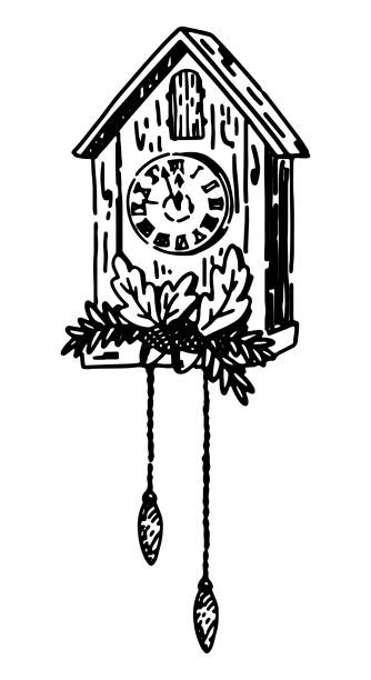 古い壁掛け時計の落書き。居心地の良い振り子時計のスケッチ。手描きのベクターイラスト。白い背景に 1 つのアウトライン クリップ アート。 - clock nobody decoration minute hand点のイラスト素材／クリップアート素材／マンガ素材／アイコン素材