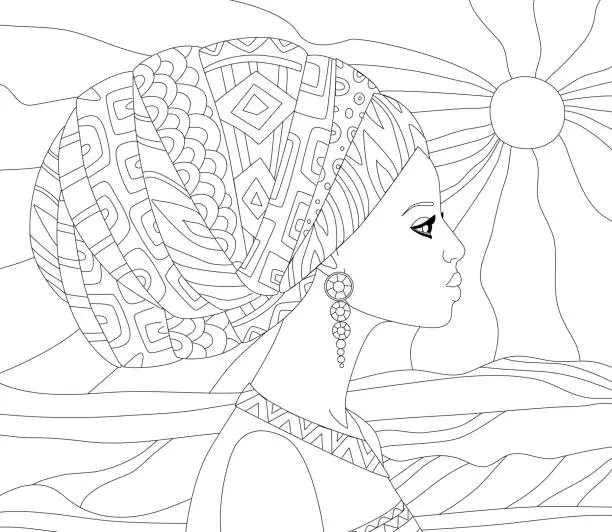 Vector illustration of profile of fashion young african woman against sunny  landscape for your coloring book