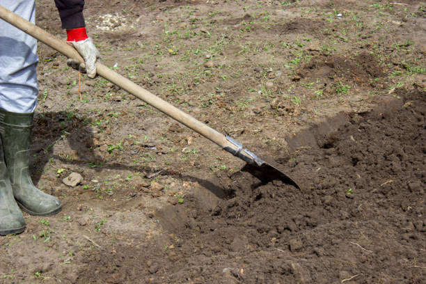 istock Farmer in rubber boots with garden tools in the garden, 1440942883