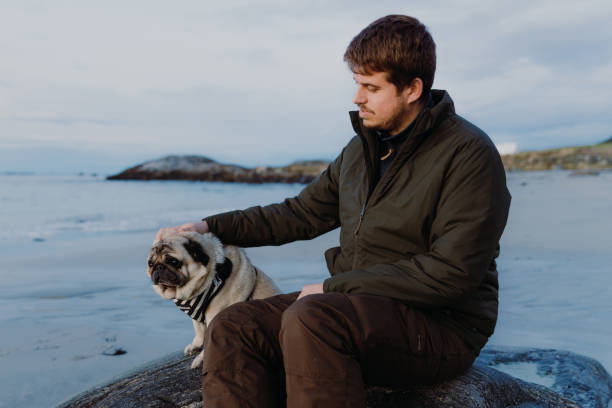 istock A man petting cute puf at the beach. during sunset 1440949719