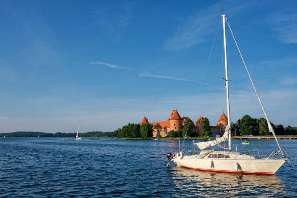 Trakai, Lithuania - August 10, 2019: aerial view of Trakai Island Castle located on lake Galvė. The build has started in 14th century and was finished about 1409. It is very popular tourist destination in Lithuania.
