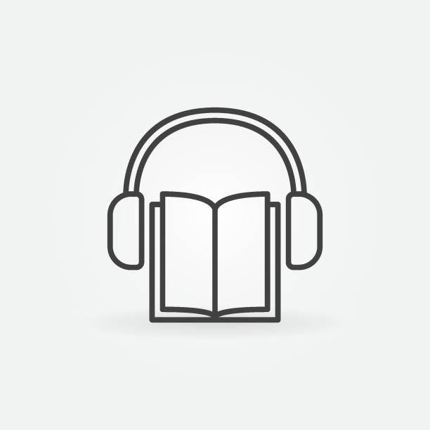 Book with headphones icon Book with headphones icon - vector audiobook concept symbol in thin line style audio book stock illustrations