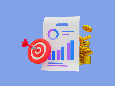 3d minimal marketing strategy concept. business analysis. marketing data analysis. Calculator with a dart board and a pile of money. 3d illustration.